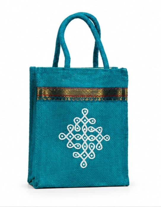 Teal Trim Jute Bag – image 1